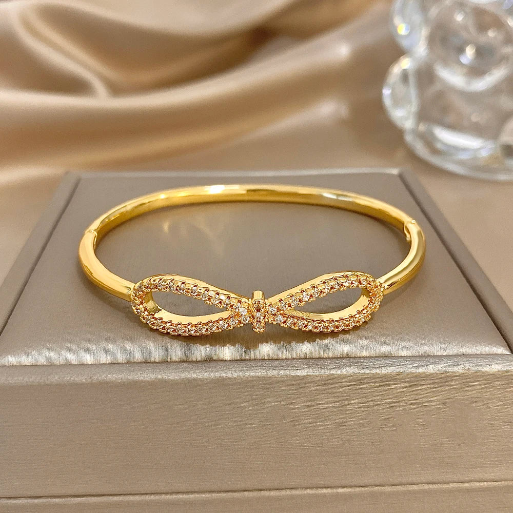 Luxury Gold-Plated Zircon Bow Cuff Bracelet for Women