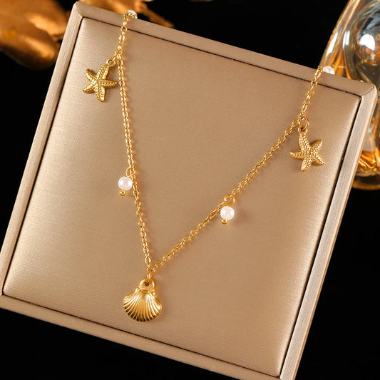 Luxury 18K Gold PVD Double Chain Starfish Necklace for Women