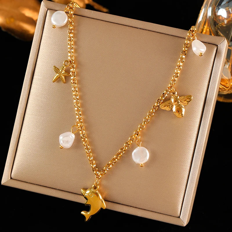 Luxury 18K Gold PVD Double Chain Starfish Necklace for Women