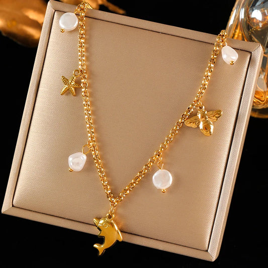 Luxury 18K Gold PVD Double Chain Starfish Necklace for Women