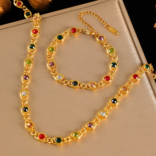 Luxury 316L Stainless Steel Round Pendant Necklace & Bracelet Set for Women