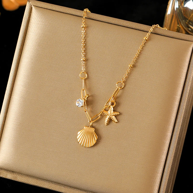 Luxury 18K Gold PVD Double Chain Starfish Necklace for Women