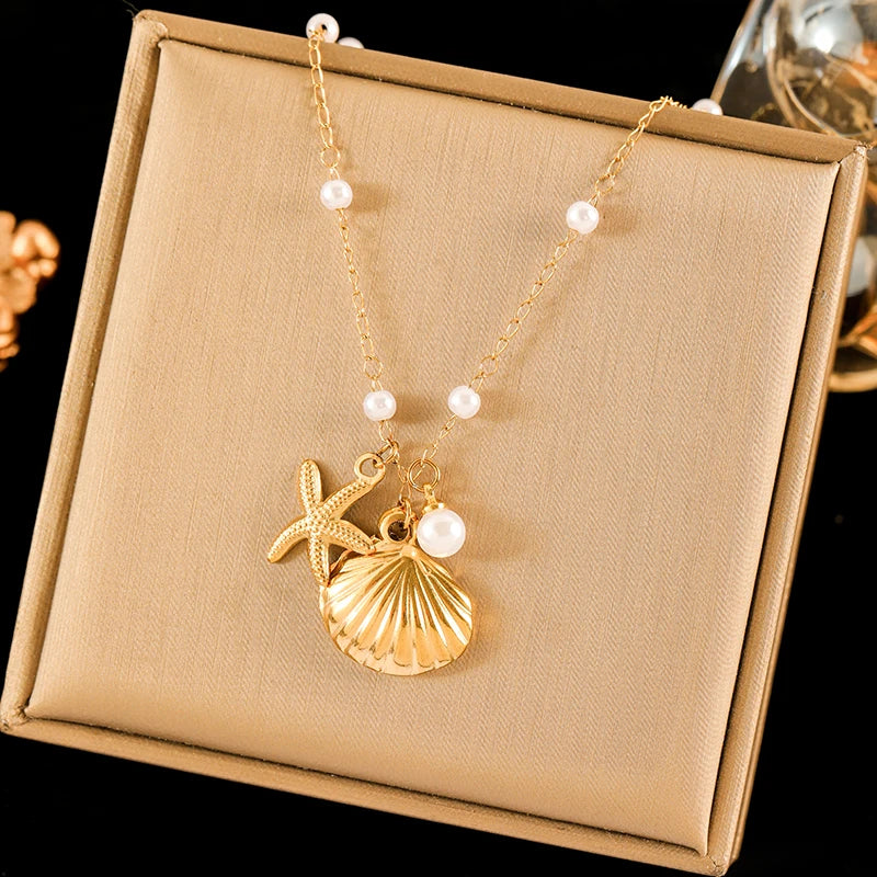 Luxury 18K Gold PVD Double Chain Starfish Necklace for Women