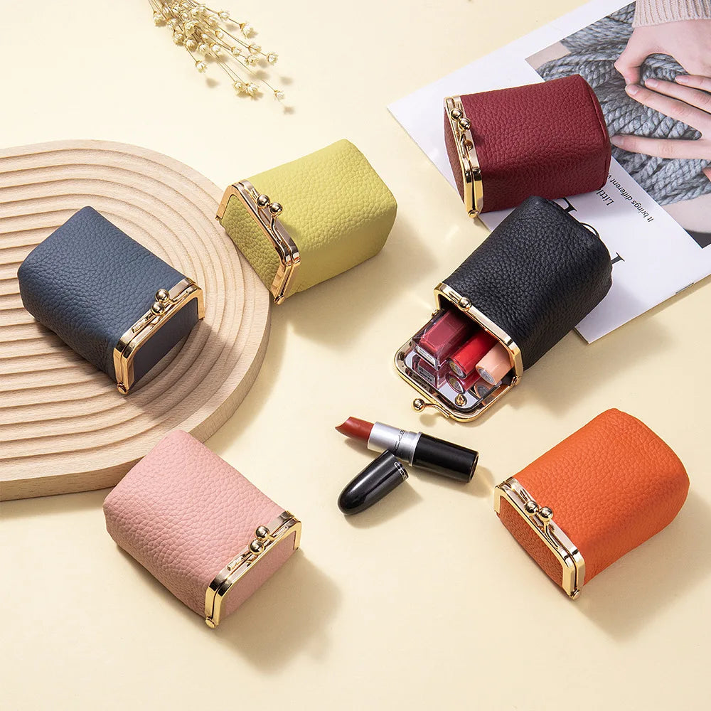 Genuine Leather Lipstick Holder with Mirror – Compact Cosmetic Case