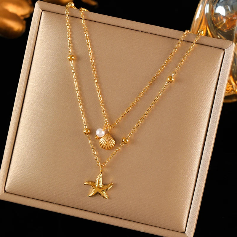 Luxury 18K Gold PVD Double Chain Starfish Necklace for Women