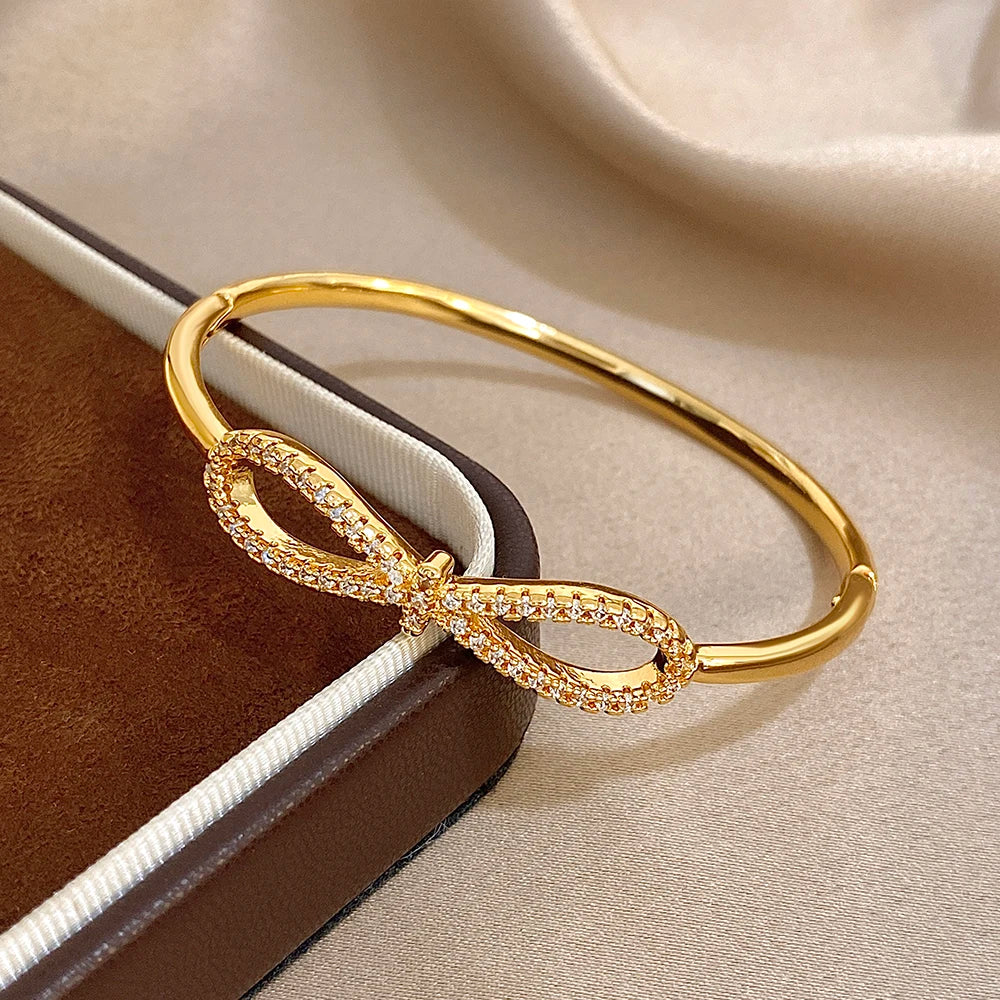 Luxury Gold-Plated Zircon Bow Cuff Bracelet for Women