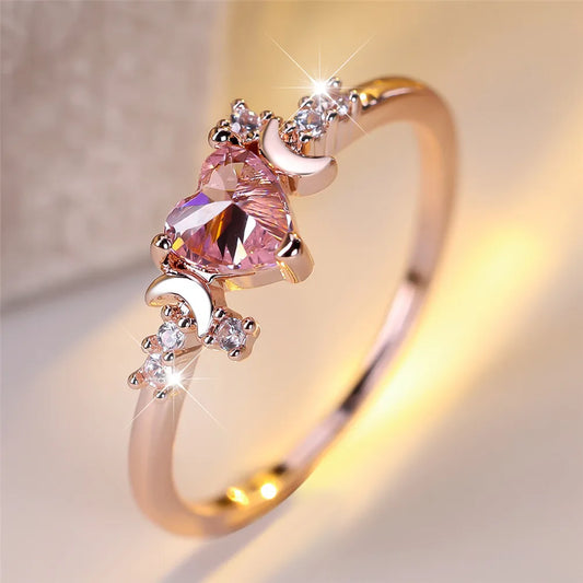 Luxury Rose Gold Heart Crystal Ring for Women