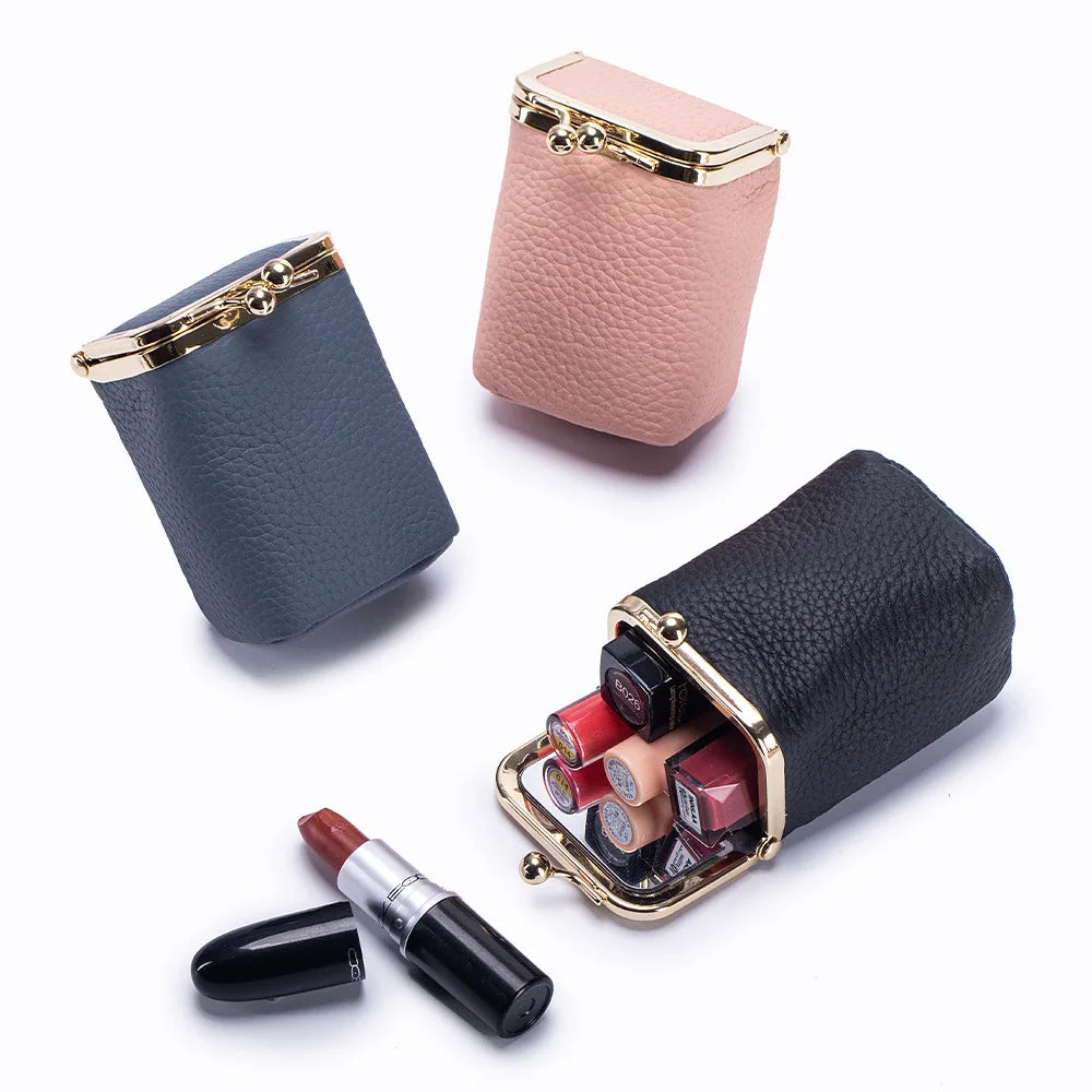 Genuine Leather Lipstick Holder with Mirror – Compact Cosmetic Case