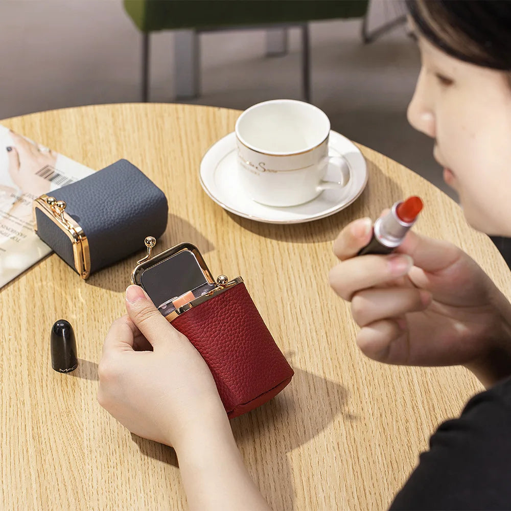 Genuine Leather Lipstick Holder with Mirror – Compact Cosmetic Case