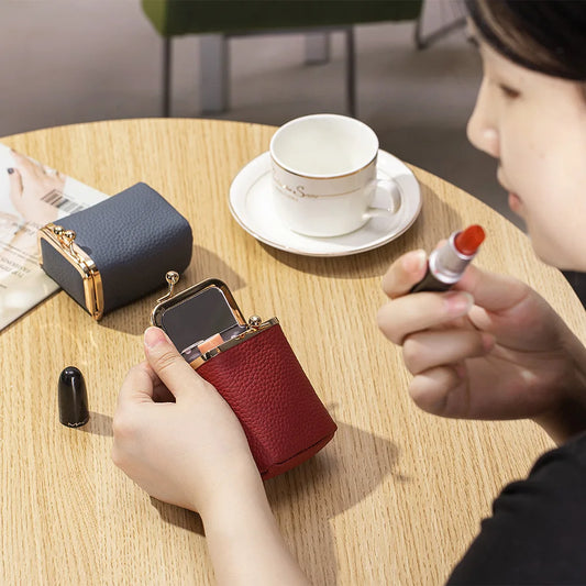 Genuine Leather Lipstick Holder with Mirror – Compact Cosmetic Case