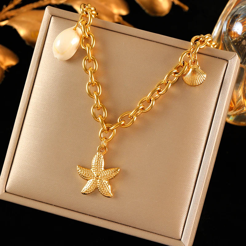 Luxury 18K Gold PVD Double Chain Starfish Necklace for Women
