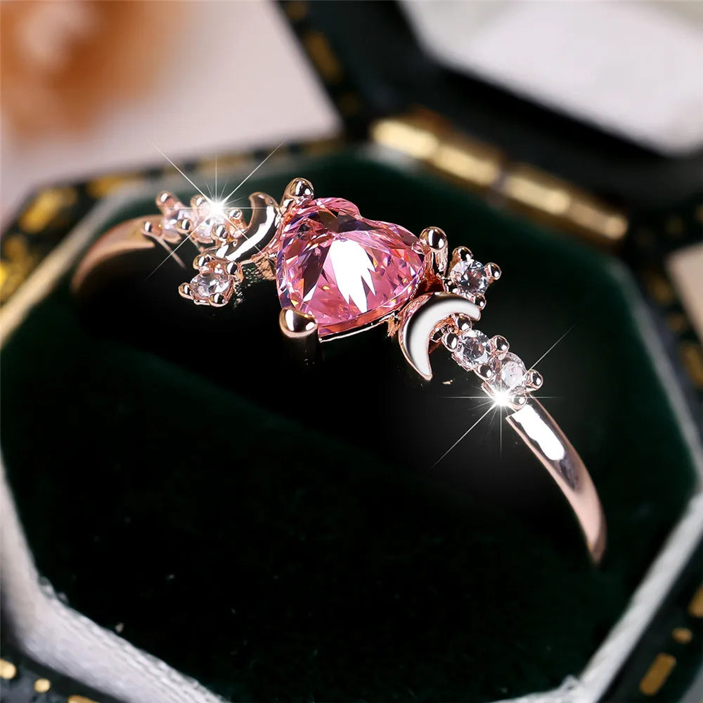 Luxury Rose Gold Heart Crystal Ring for Women