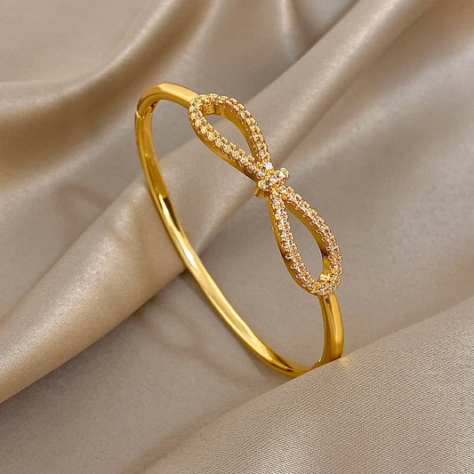 Luxury Gold-Plated Zircon Bow Cuff Bracelet for Women