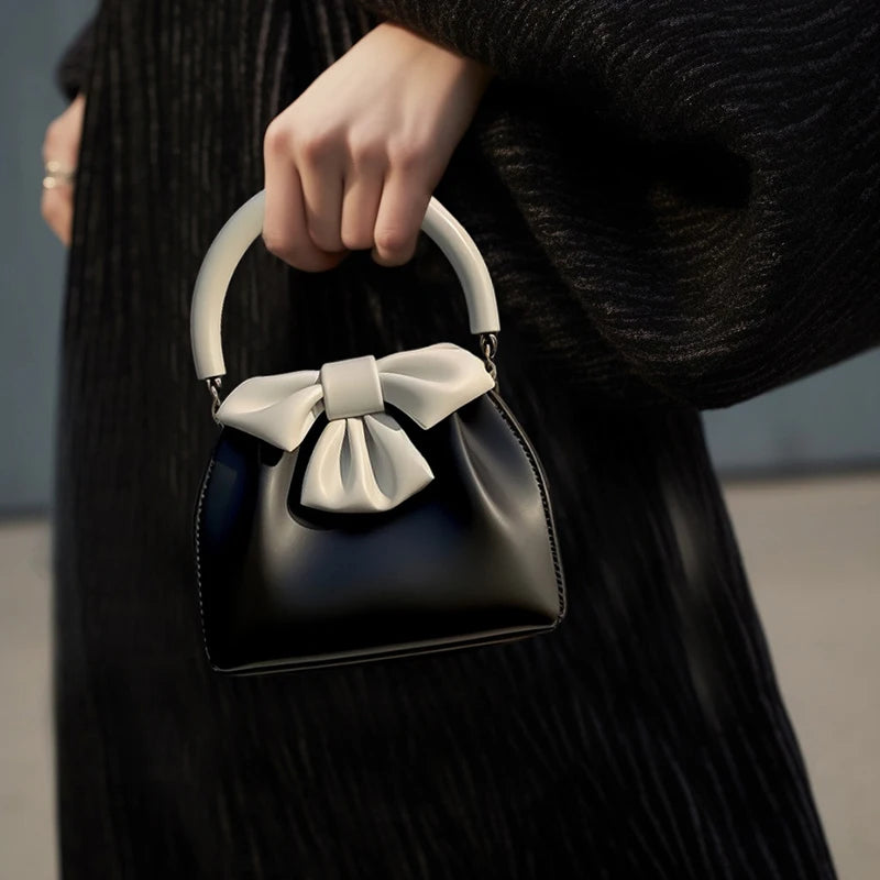 Women's Bow Detail PU Leather Bucket Bag – Elegant Shoulder Bag