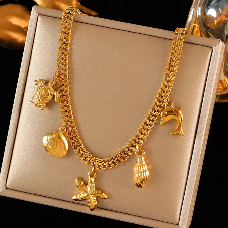 Luxury 18K Gold PVD Double Chain Starfish Necklace for Women