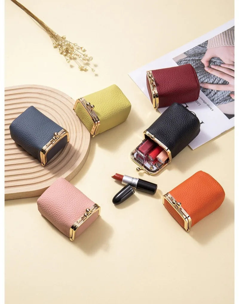 Genuine Leather Lipstick Holder with Mirror – Compact Cosmetic Case
