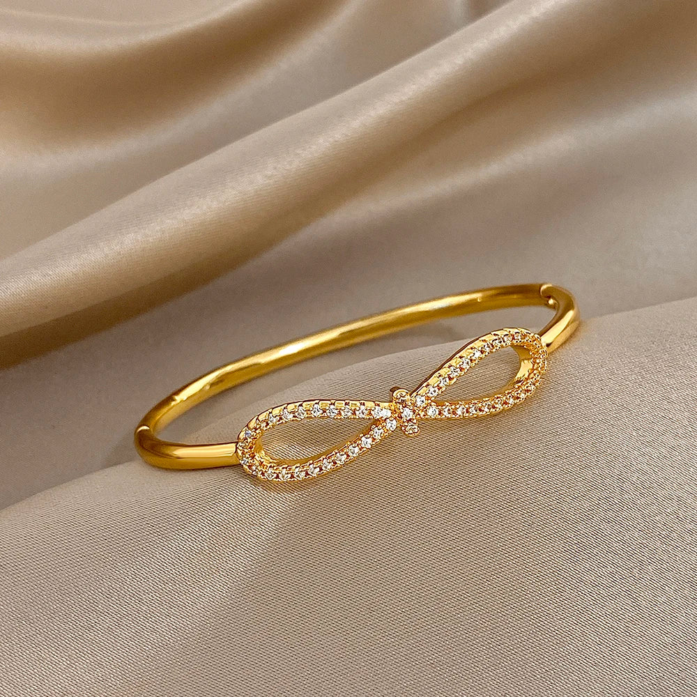 Luxury Gold-Plated Zircon Bow Cuff Bracelet for Women