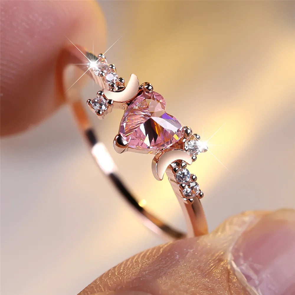 Luxury Rose Gold Heart Crystal Ring for Women