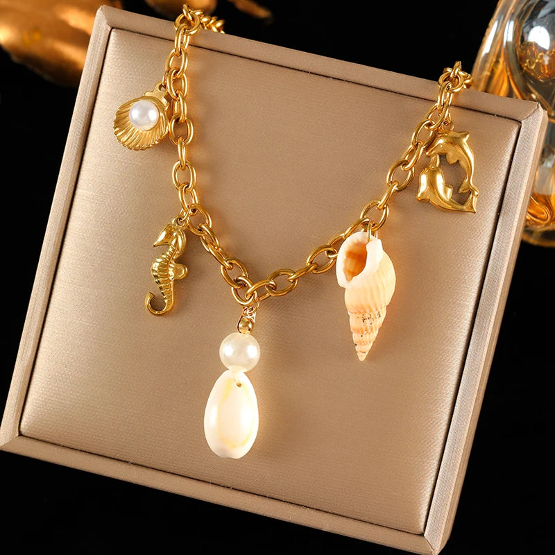 Luxury 18K Gold PVD Double Chain Starfish Necklace for Women
