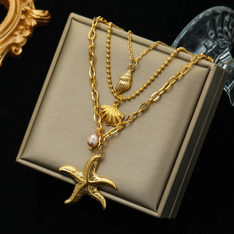 Luxury 18K Gold PVD Double Chain Starfish Necklace for Women