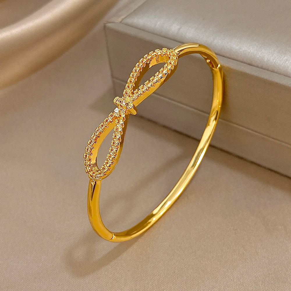 Luxury Gold-Plated Zircon Bow Cuff Bracelet for Women
