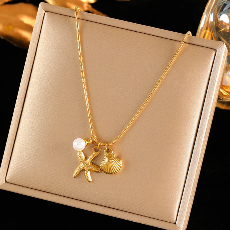 Luxury 18K Gold PVD Double Chain Starfish Necklace for Women